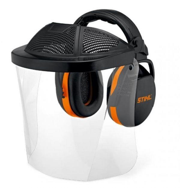 Оснащение для защиты лица и слуха с пластиковым щитком и наушниками.  STIHL